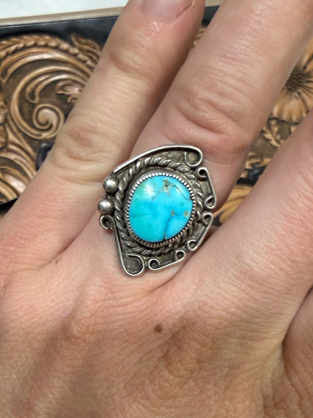 Vintage Sterling Silver Ring with Turquoise Cabochon - Women Jewelry
